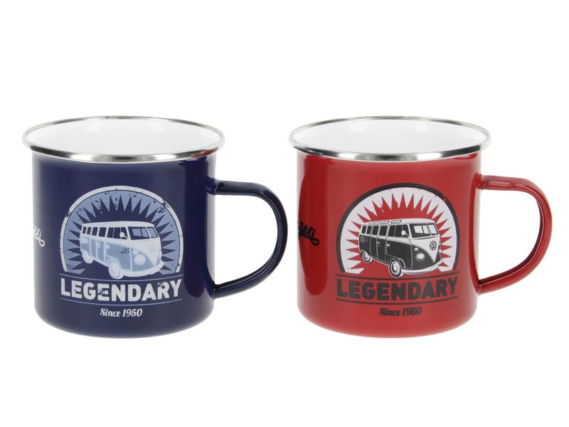 BRISA VW Collection - Volkswagen 2-piece Enamel CoffeeTea Mug Cup Set for Camping & Outdoor T1 Bus (Legendary/Red&Blue) (11.8 fl oz) - Image 1